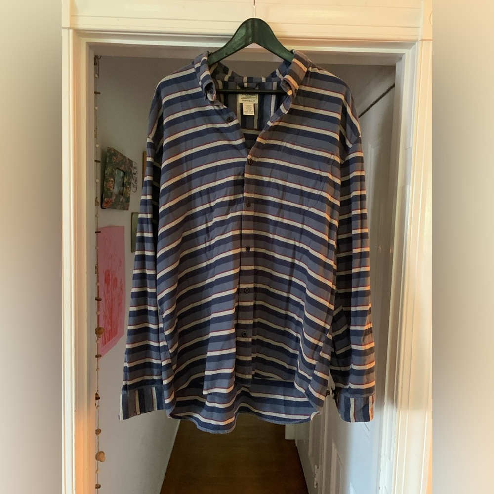 Vintage L.L. Bean Flannel with Horizontal Blue and Maroon Stripes Size XL